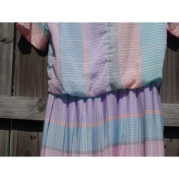 Vtg 80s Algo Pastel Plaid Stripe Midi Dress Tie Collar Retro New Wave Aesthetic - Picture 8 of 9
